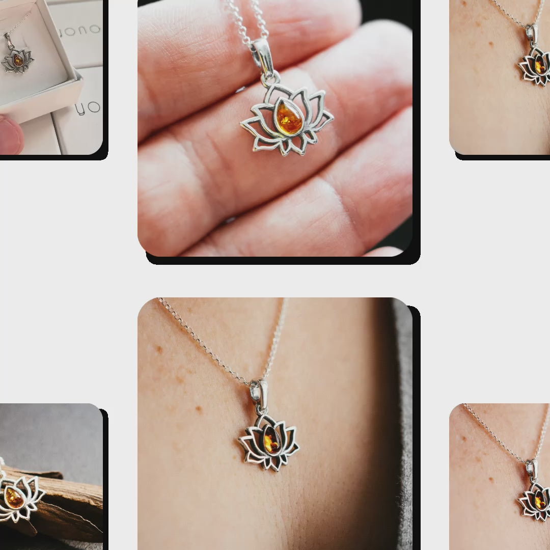 Sterling Silber Lotus Anhänger mit Bernstein